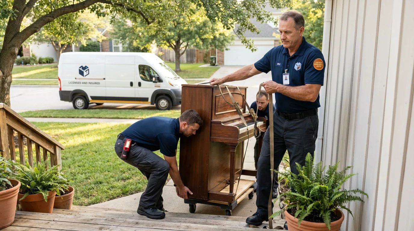 Licensed piano movers securing grand piano in Middleburg, FL