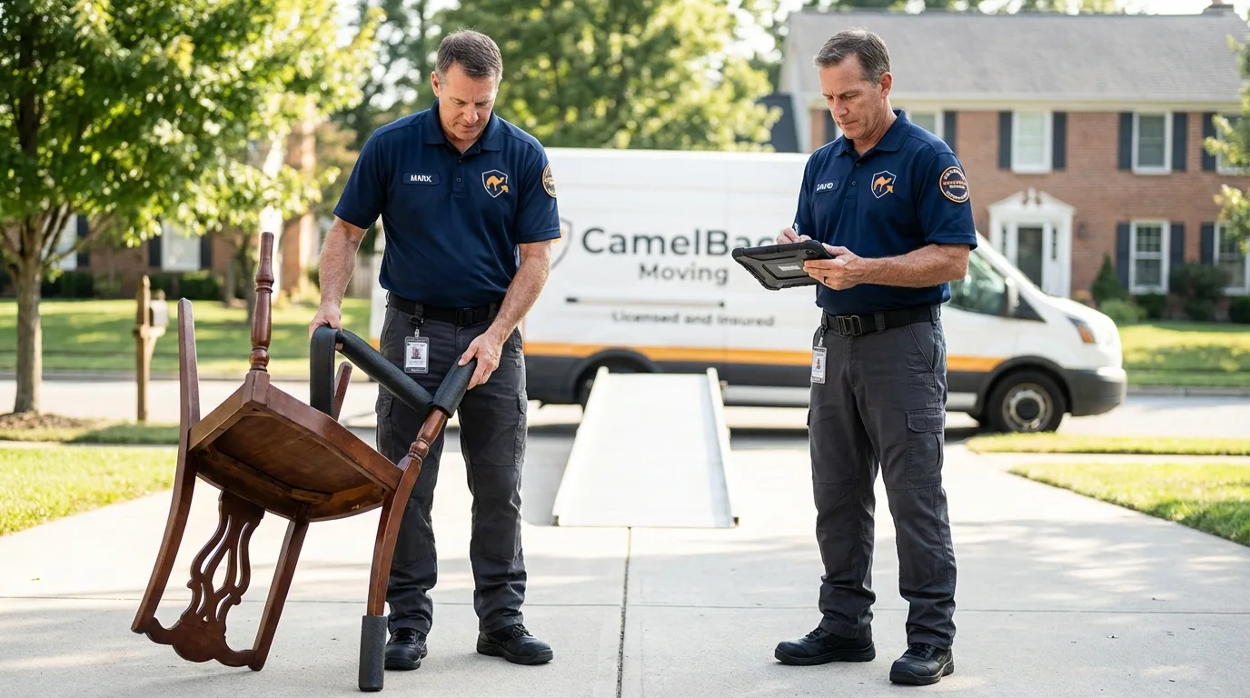 Movers inspecting furniture for damage prevention before loading in Middleburg, FL