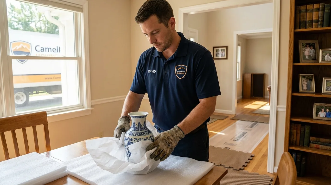 Professional crew carefully wrapping antique vase for senior downsizing move in Middleburg, FL